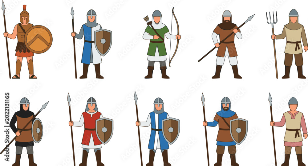 Naklejka premium Medieval Warriors and Soldiers Set with Shields, Spears, Bows, and Armor for Historical and Fantasy Illustrations.