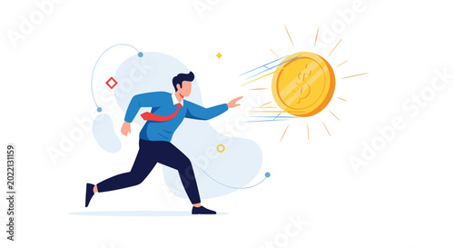 Foto Energetic businessman runs fast to catch flying gold coin to represent wealth accumulation and aggressive pursuit of financial success