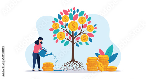Tablou pe pânză Diligent woman waters money tree growing with gold coins to symbolize long-term financial investment and passive income wealth building