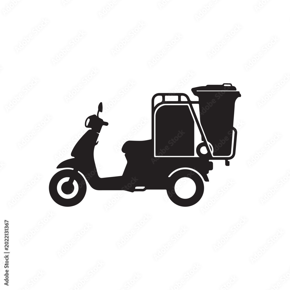 Fototapeta premium Scooter with trash bin silhouette black and white two wheels eco friendly collection