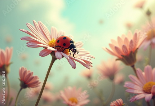 A close-up photograph of a vibrant pink daisy with a red ladybug perched on one of its petals. 
