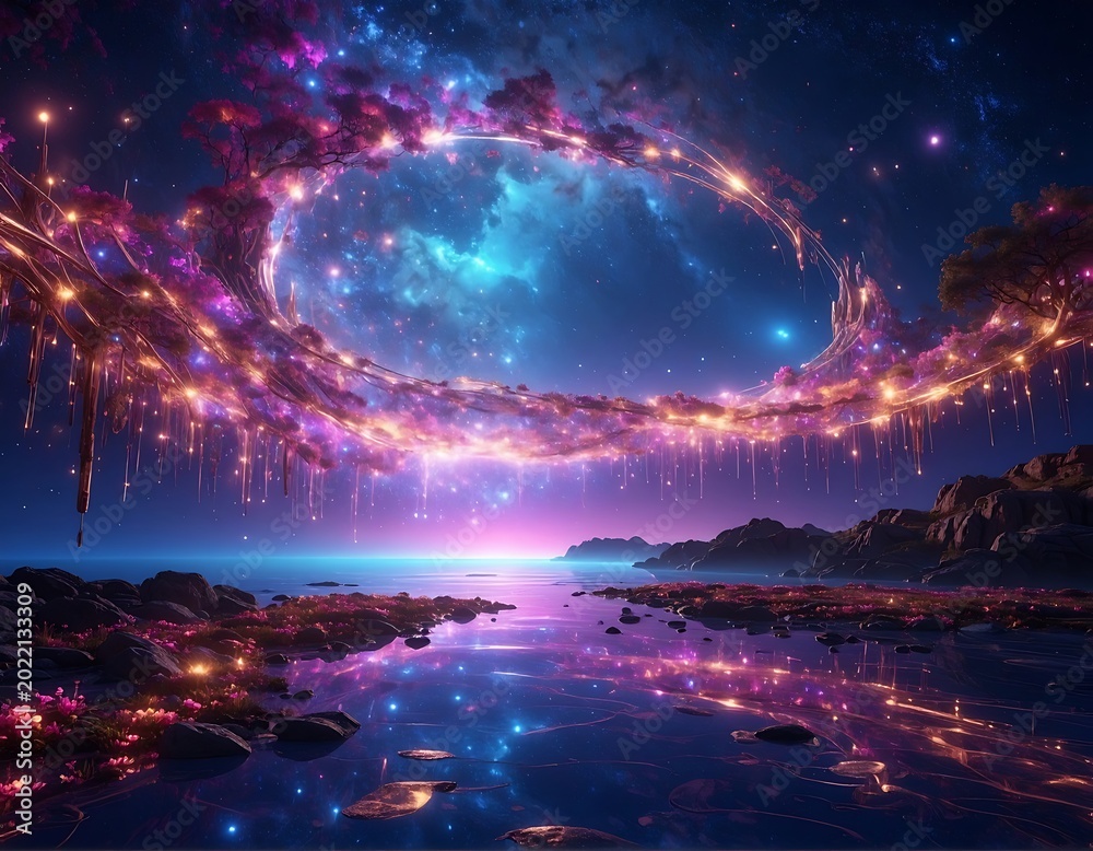 Fototapeta premium Vibrant cosmic landscape with glowing aurora and serene water