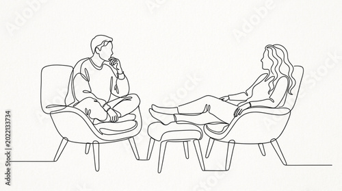 Obraz na plátně Man and woman sitting on modern chairs vector illustration in black-and-white li