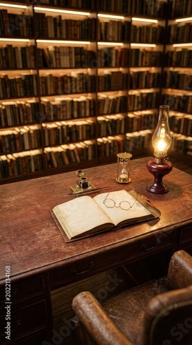 Cozy vintage library study with old books and desk items