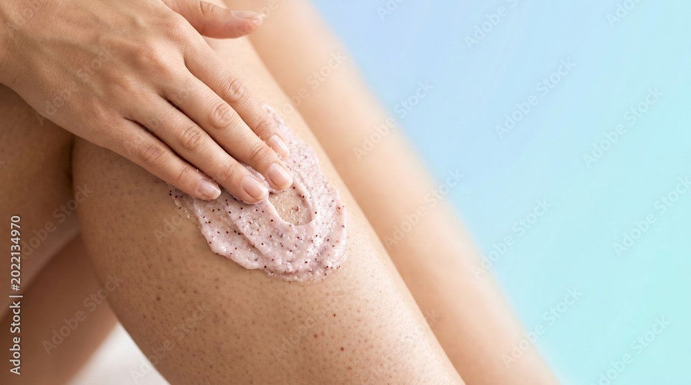 Naklejka premium Hand applying pink exfoliating body scrub on skin for beauty and skincare routine