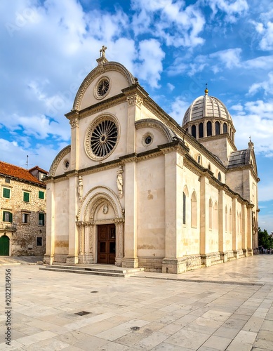 A large white stone church with a dome and a cross on top