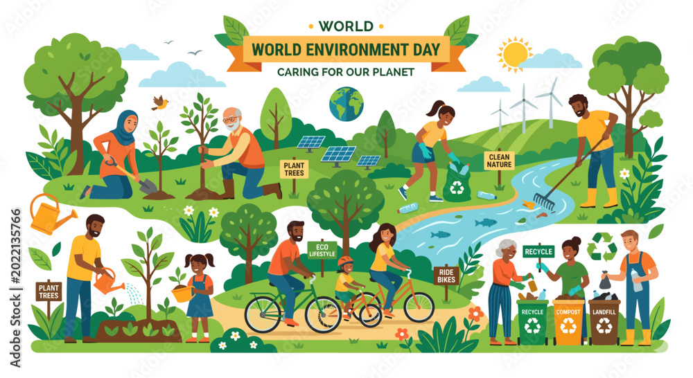Fototapeta premium planting trees, environment care, sustainability, eco lifestyle, community activity, green earth, climate action, nature protection, teamwork, environmental awareness, save planet, people illustration