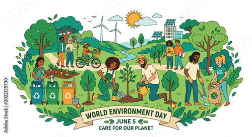 planting trees, environment care, sustainability, eco lifestyle, community activity, green earth, climate action, nature protection, teamwork, environmental awareness, save planet, people illustration