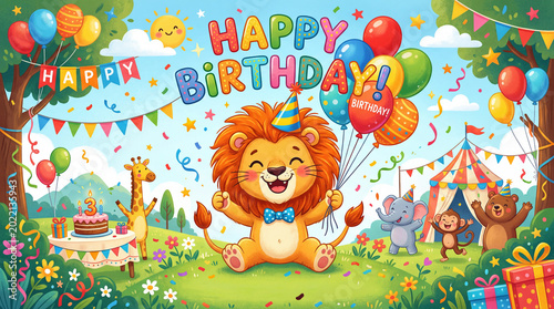 Happy Lion Celebrates Birthday in a Colorful Outdoor Party With Friends