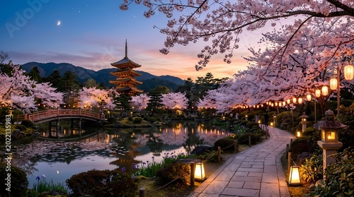 Beautiful Japanese garden at sunset with blooming cherry blossoms, traditional pagoda, and illuminated stone lanterns reflecting in a peaceful pond