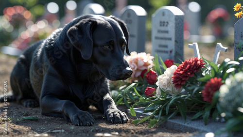 Loyal black dog sitting motionless beside fresh grave head resting paws eyes fixed flowers photorealistic heartbreaking soft natural light fur expression, generative AI