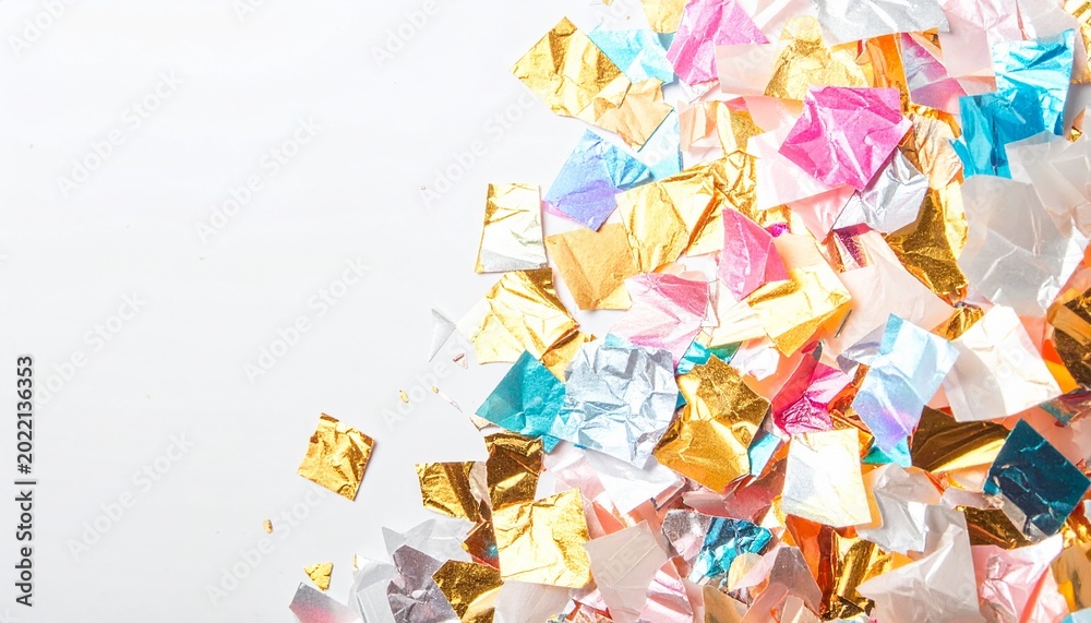 Fototapeta premium Explosion of rainbow metallic foil confetti, studio light. center frame, soft lighting, close up ,pure white background. high resolution, hyper-realistic 