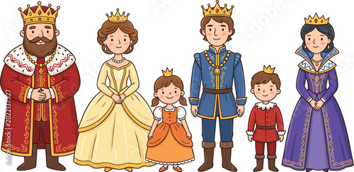 фотографія Royal Family Character Set with King, Queen, Princess, Prince, and Children in Regal Costumes for Storytelling and Illustrations