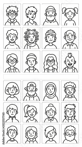 A diverse group of people with different hairstyles and facial expressions are illustrated in a grid of squares.