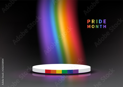 3D Pride Month podium with vibrant rainbow light on black background. Vector illustration.
