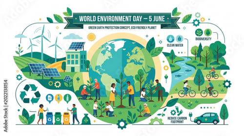 Community planting trees and promoting sustainability near wind turbines solar panels and clean water for world environment day