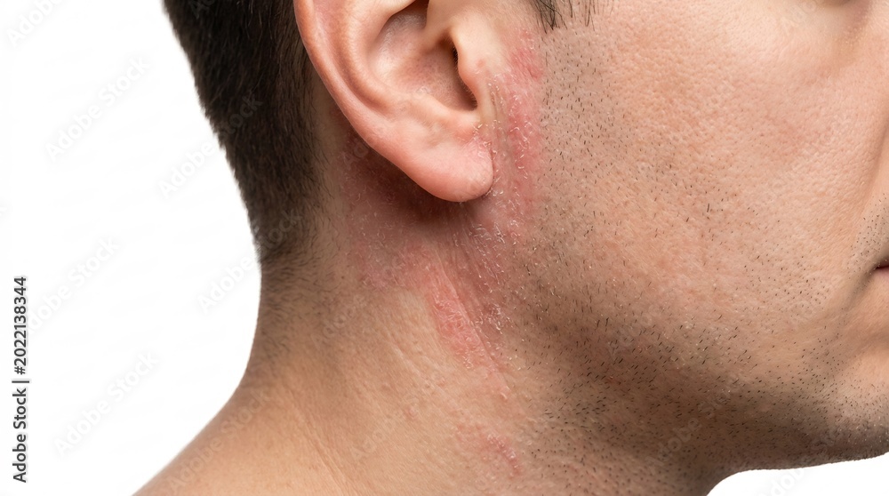 Fototapeta premium Close-up of red scaly skin patches on an adult man's earlobe and neck area