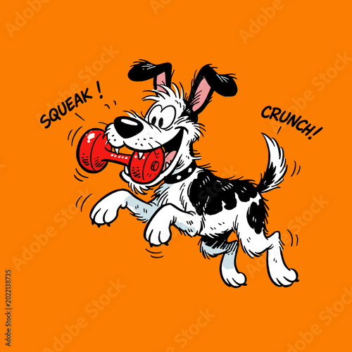 Fotografie Generative AI conceptual illustration of a happy scruffy black and white cartoon dog jumping and playing with a red squeaky bone toy against a vibrant solid orange background