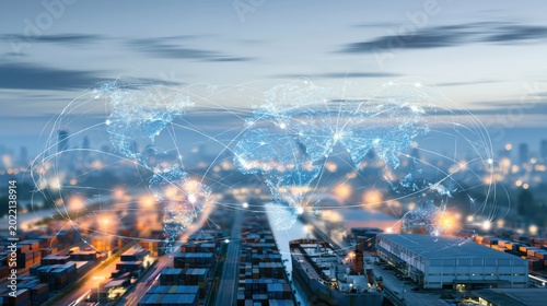 A futuristic shipping port with containers and cranes connected by a glowing digital network overlay representing global trade and communication.