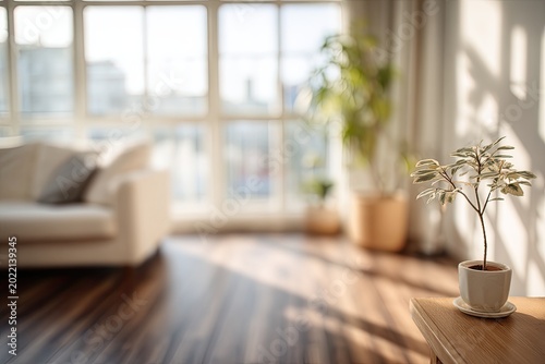 Sunlight streams into a bright, airy living room with a sofa and plants
