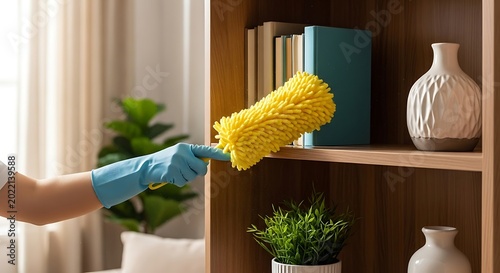 Cleaning a bookshelf with a fluffy duster and blue glove