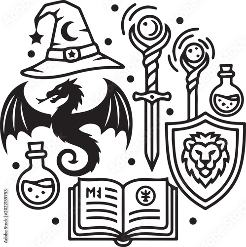 Canvas Print Fantasy Elements Vector Icon Set – Magical Creatures, Enchanted Objects, Mythica