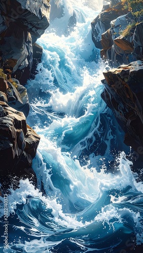 A rocky cliffside with turbulent water flowing down