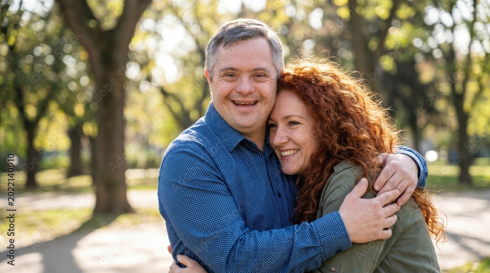 Fototapeta premium Smiling couple hugging outdoors in a park