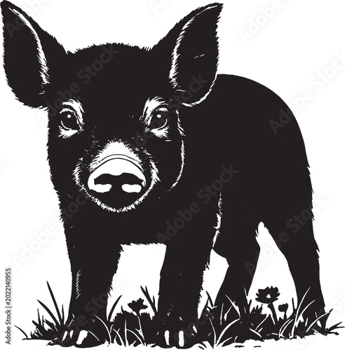 Cute baby piglet silhouette vector illustration. Stylized black and white little pig standing on grass isolated on white background. Minimalist farm animal icon.