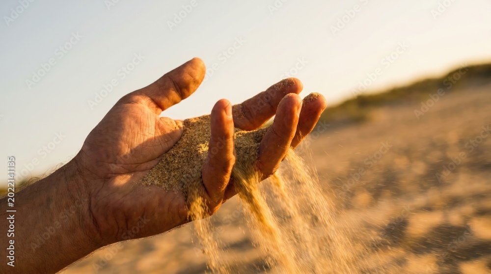 Fototapeta premium Sand pouring through fingers in a desert landscape at sunset