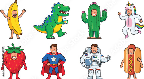 Bild auf Leinwand People in Costume Vector Set Featuring Banana, Dinosaur, Cactus, Unicorn, Strawb