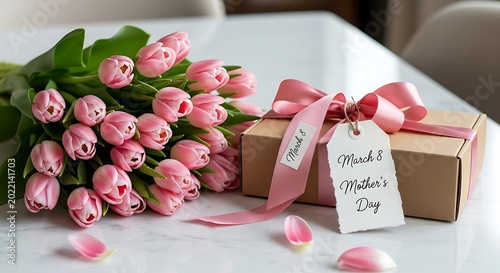 Pink tulips and gift box for Mother's Day celebration