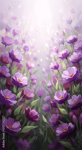 Soft focus field of purple flowers bathed in bright light