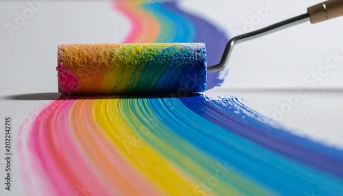 Miniature paint roller leaving a rainbow trail, studio light. center frame, soft lighting, close up ,pure white background. high resolution, hyper-realistic
