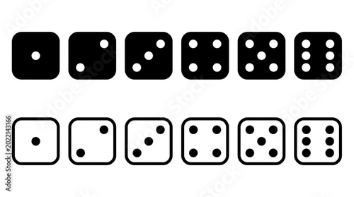 Collection of black and white dice face icons illustrating numbers one through six in both solid and outline styles, symbolizing game design elements and probability concepts