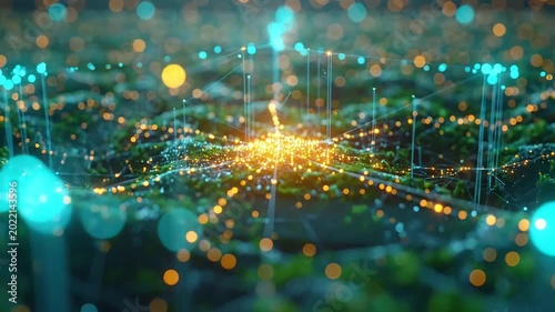 Abstract digital landscape with glowing orange nodes connected by a network on an undulating green surface, representing technology and nature