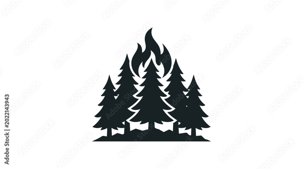 Obraz premium Black and white line art of trees forming a mountain shape with flames at the top
