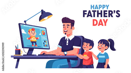 Bild auf Leinwand Father's Day Digital Delight: A caring father and two children are engrossed in a digital design project on a computer, perfectly capturing the spirit of a special day