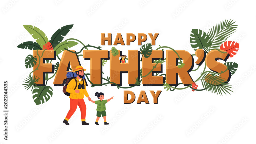 Fototapeta premium Father's Day Adventure: A heartwarming illustration of a father and child on an outdoor adventure, surrounded by lush foliage. Perfect for expressing love, appreciation, and celebration of fatherhood.
