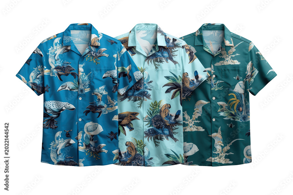 Fototapeta premium Hawaiian shirts featuring tropical sea creature patterns, ready for summer fashion and holiday wear with a transparent background