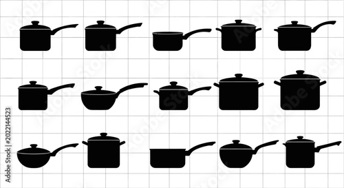 Konstfotografi Black silhouettes of various pots and pans on a white graph paper background kit