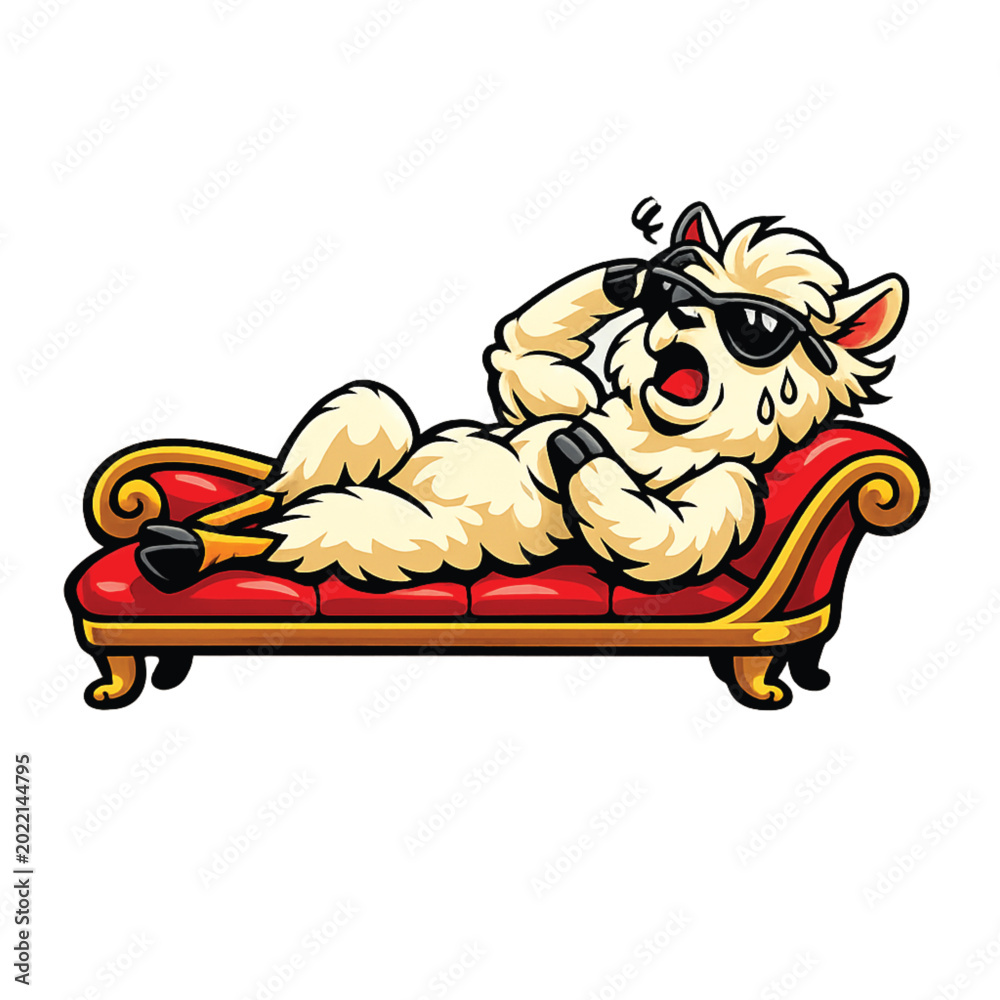 Obraz premium Cool llama relaxing on a fancy red velvet sofa Vector