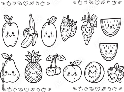 Adorable Cartoon Fruits Black and White Coloring Page