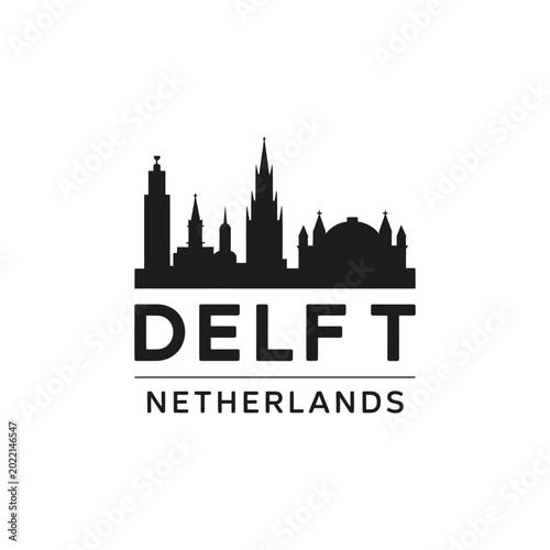 Fotografía delft skyline silhouette with text on white background