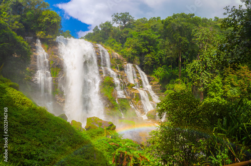Wachirathan Waterfall is a beautiful large waterfall in deep forest on Doi Inthanon, Chiang Mai, Thailand.