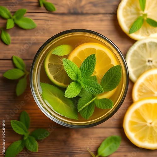 Top view of healthy herbal mint tea with lemon slices on dark wooden table, organic wellness beverage in a glass