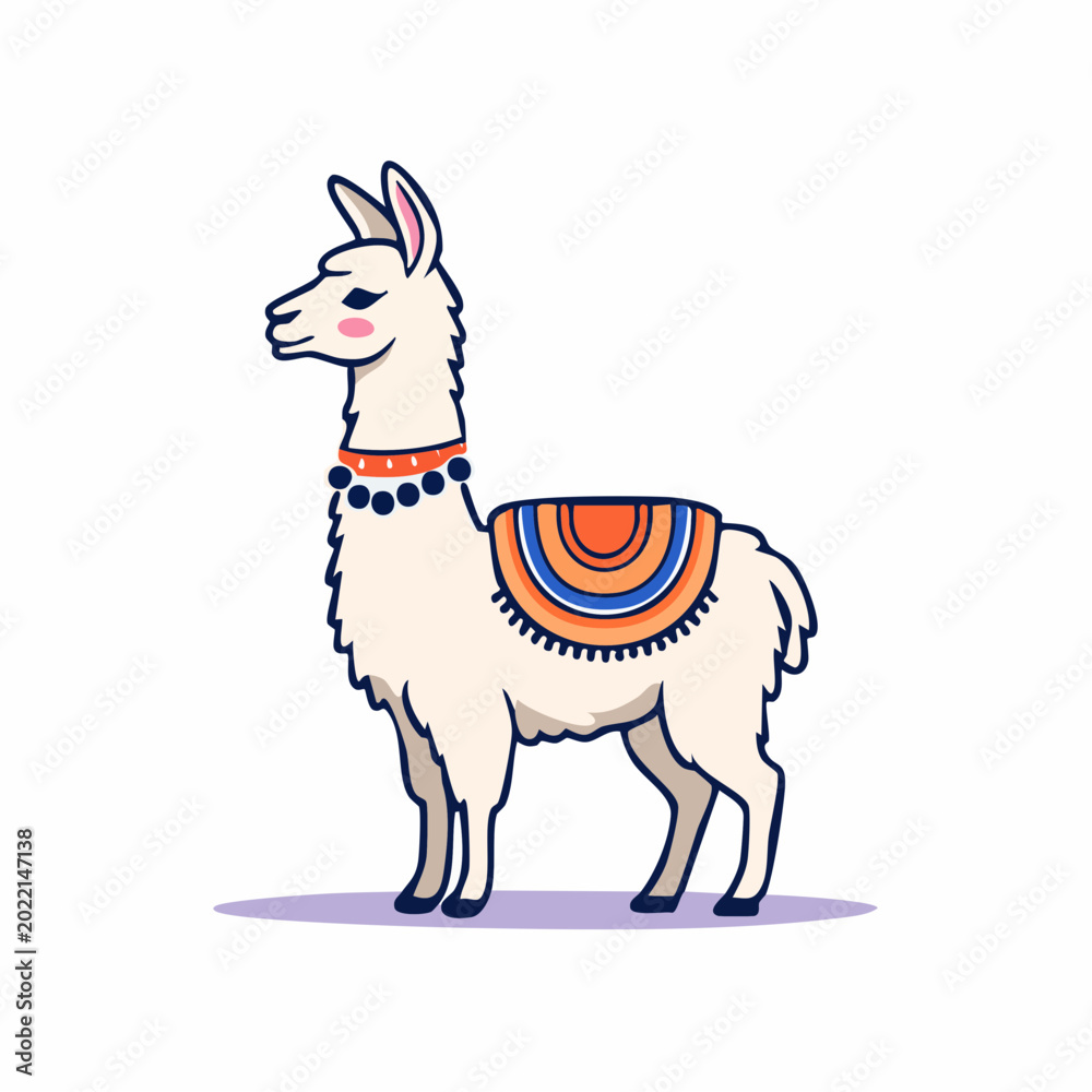 Fototapeta premium Cute Cartoon Llama with Colorful Blanket and Necklace