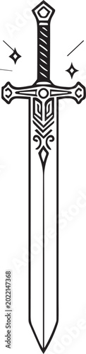 Foto An intricate, ornate, black and white illustration of a historically inspired sword, with detailed engraving and design