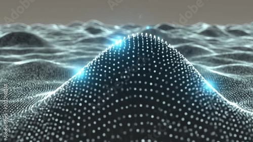 Abstract digital landscape with glowing particles forming undulating waves and a central peak