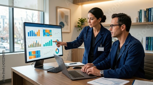 Two healthcare professionals in navy lab coats analyzing medical coding data and analytics on a computer monitor in a modern office, collaborating on clinical audit results.